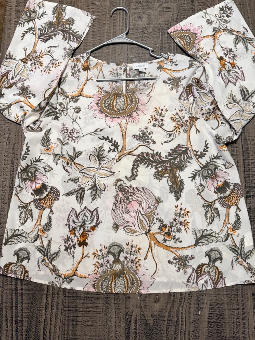 Kenar White Floral Bell-Sleeve Blouse with Pink and Olive Accents